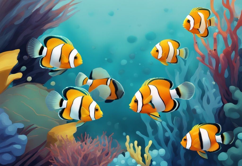 Modern digital painting of a beginner's saltwater aquarium featuring colorful fish like clownfish and yellow tangs, ideal saltwater aquarium fish for beginners, with a teal color theme.