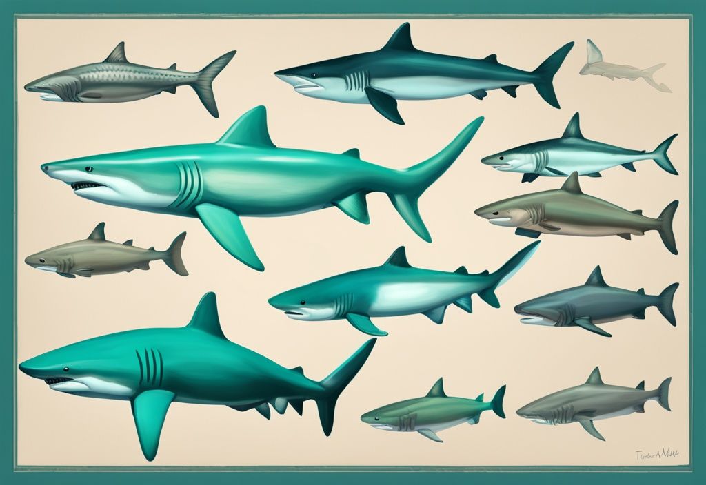 Illustration of top 10 freshwater aquarium sharks in labeled compartments, featuring a modern digital painting style with a teal color theme.