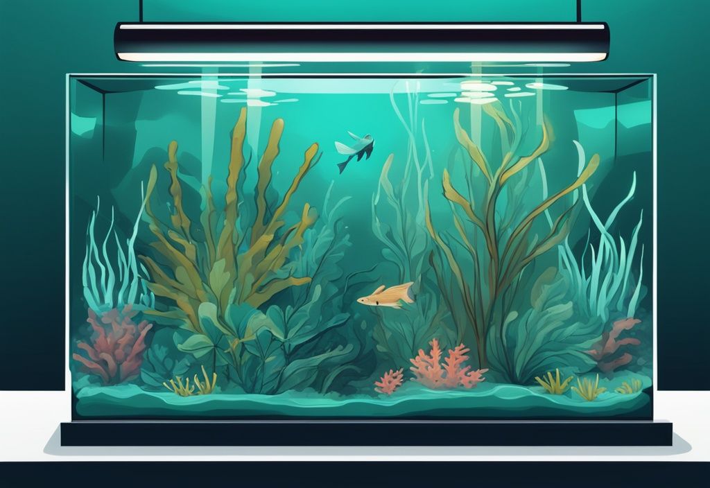 Modern digital painting of an underwater scene with teal theme, showcasing low light aquarium plants in a dimly lit tank.