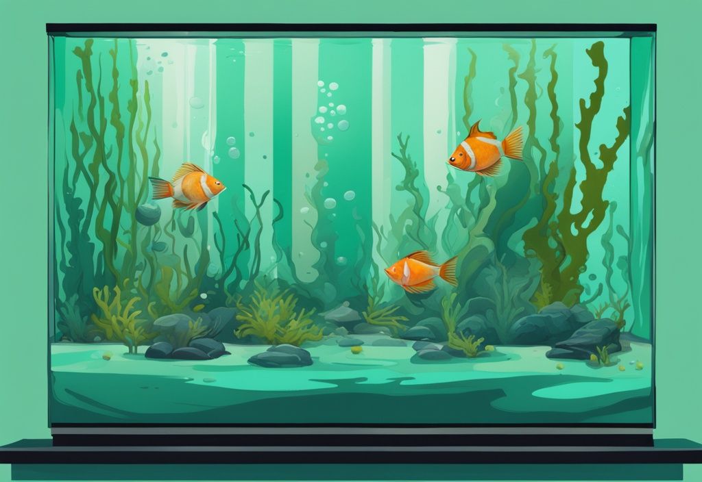 Digital painting of a fish tank showing stages of algae removal, from overgrown black algae to clean, algae-free condition, with teal color theme.