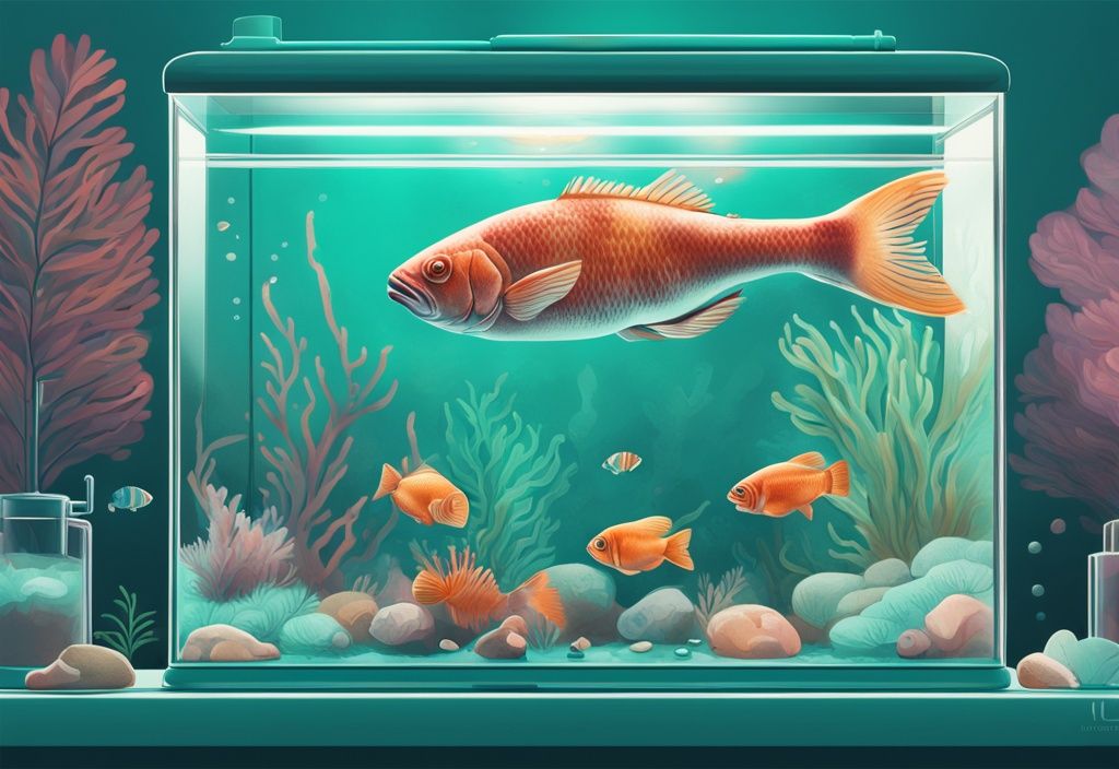 Modern digital painting of a fish tank cross-section highlighting beneficial bacteria for fish tank, showcasing healthy fish and ecological balance in teal tones.