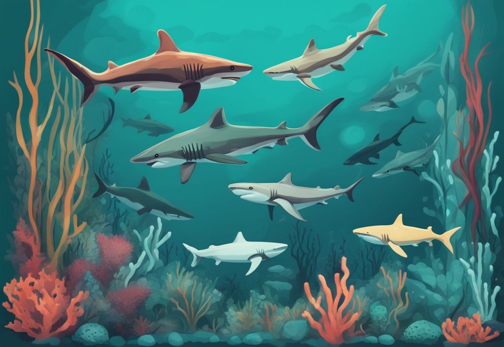 Modern digital painting of a beautifully decorated aquarium featuring the top 10 freshwater sharks for aquariums, with a vibrant teal color theme.