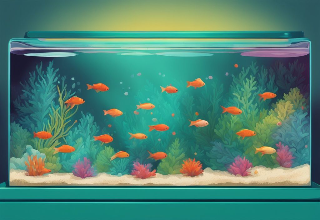 Modern digital painting of a 5-gallon fish tank with colorful fish, showcasing optimal fish quantity for proper aquarium care, teal color theme.