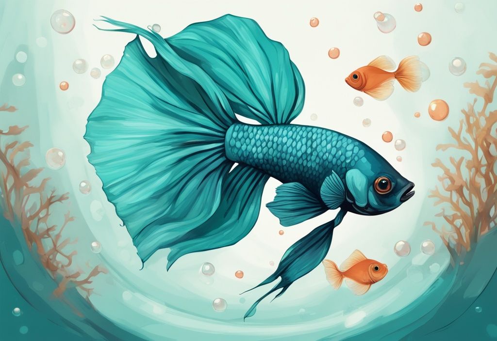 Modern digital painting of a teal-themed betta fish swimming near the tank surface with bubbles, illustrating "why is my betta fish staying at the top of the tank" while fish food rests at the bottom.