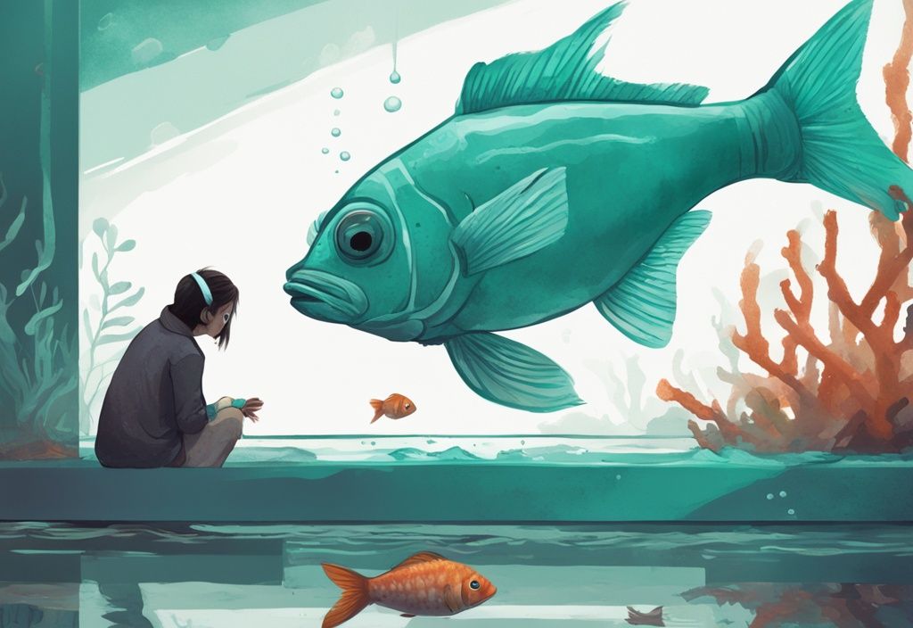 Teal-themed digital painting of a sick fish in a tank with a concerned owner watching.