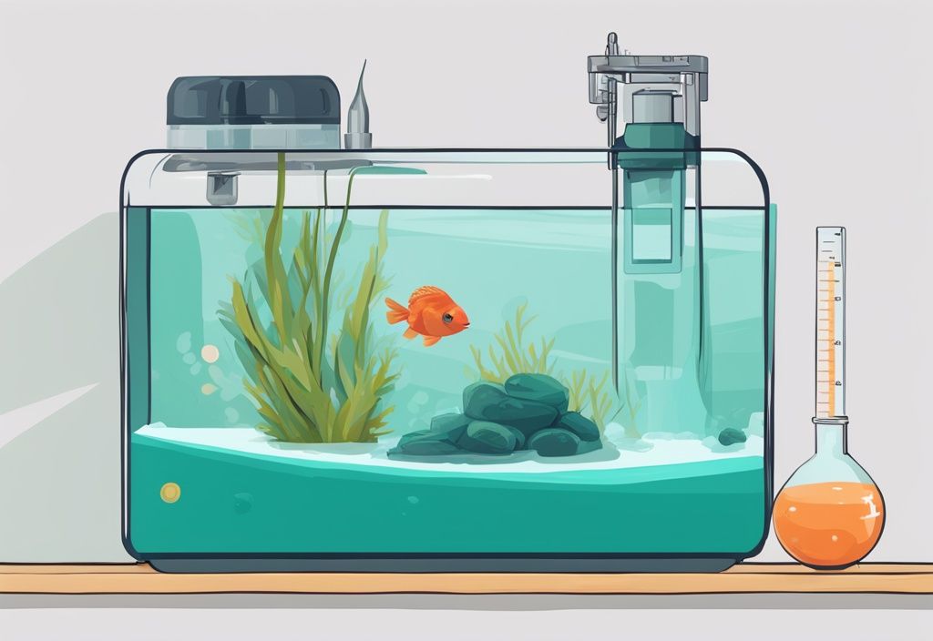 Modern digital painting of a test kit measuring KH (carbonate hardness) in a teal-themed aquarium; learn what is KH in aquarium for optimal water quality.