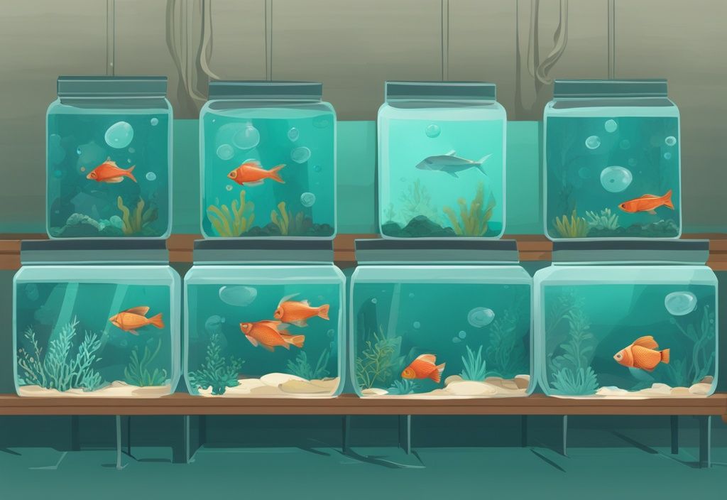 Modern digital painting of seven 5-gallon fish tanks with unique aquatic decorations, teal color theme, well-lit setup.