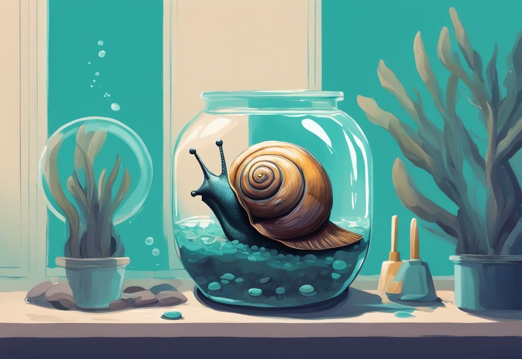 Modern digital painting of a teal-themed snail-free aquarium with cleaning tools.