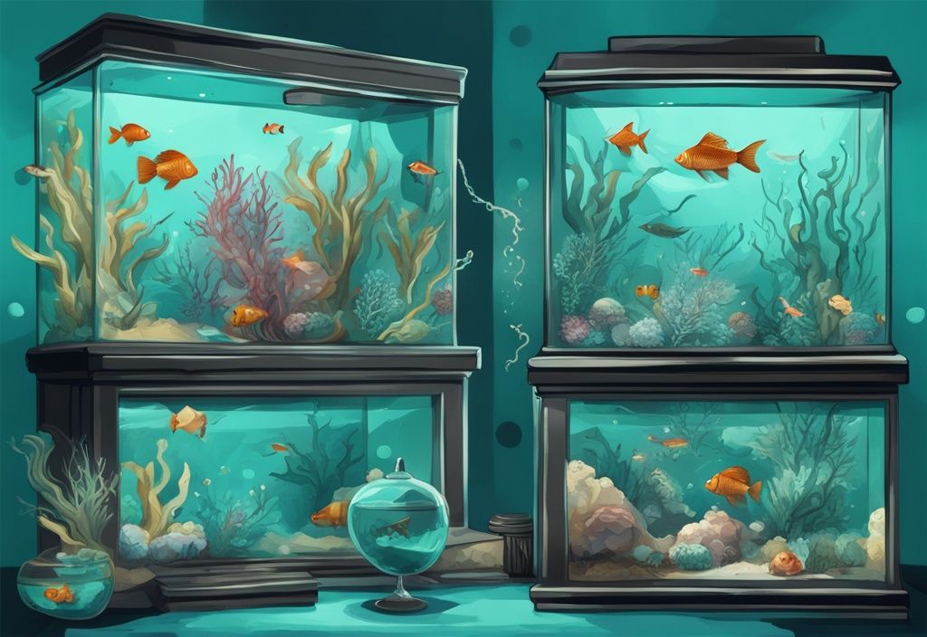 Modern digital painting illustration featuring 25 unique fish tank decorations in a teal color theme, showcasing whimsical sea-themed ornaments and artistically crafted underwater landscapes.