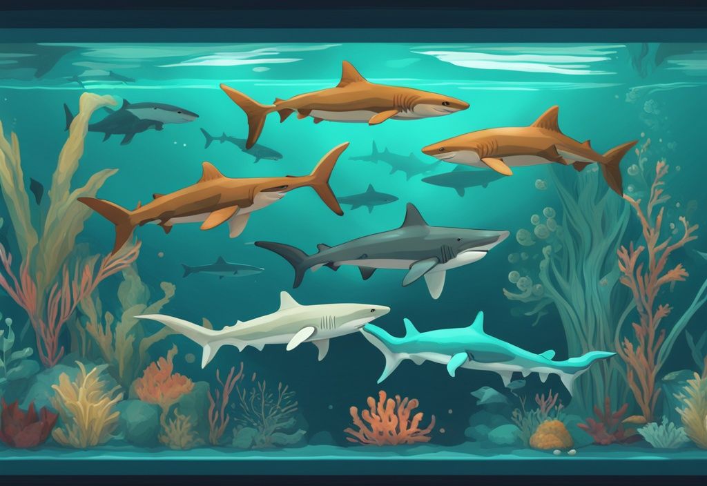 Modern digital painting of Top 10 Freshwater Sharks for Aquariums in a vibrant teal-themed aquarium setting.