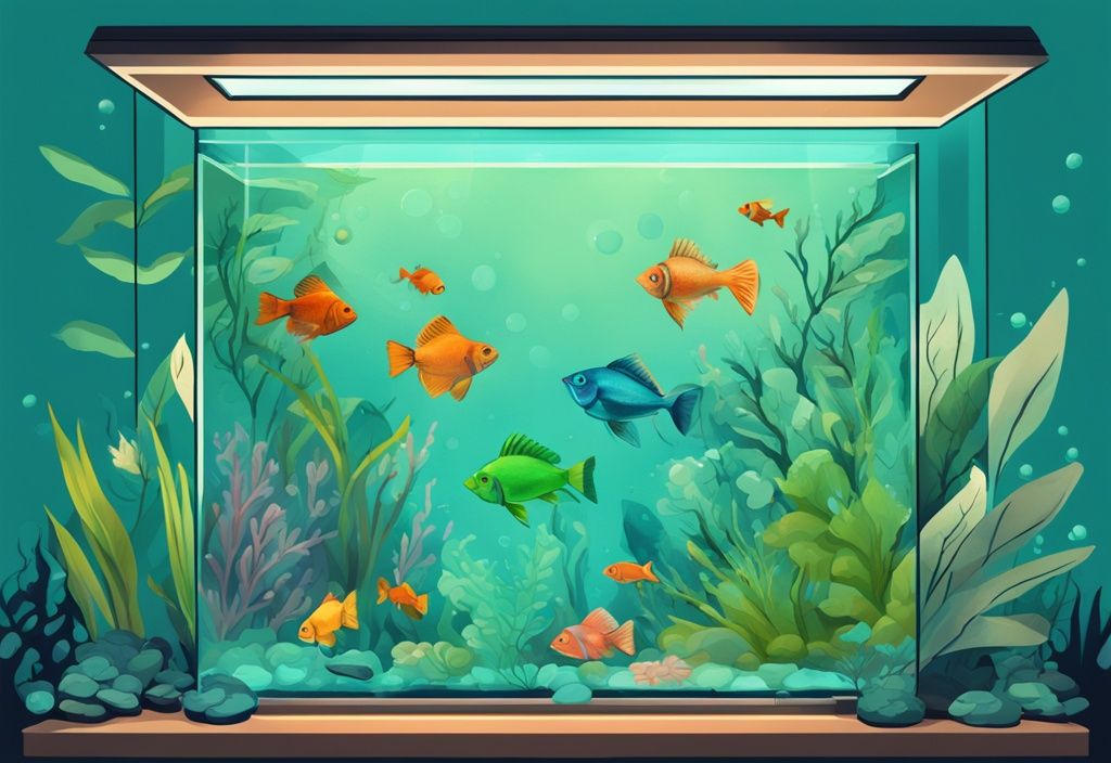 Modern digital painting of vibrant aquatic fish in a teal-themed tank with lush green plants.