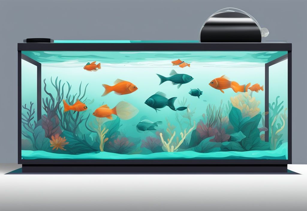 Modern digital painting of a sleek carbon filter in a clear water fish tank, labeled as the best carbon filter for a fish tank, with a teal color theme.