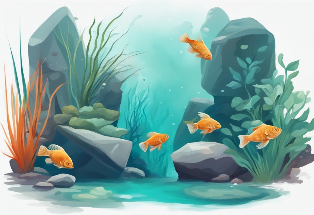 Modern digital painting of vibrant cold water aquarium fish in teal-themed aquatic setting with rocks and plants.