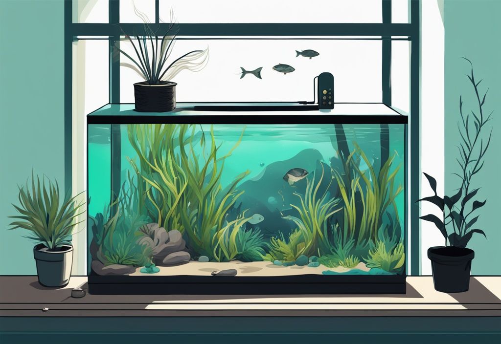 Modern digital painting of a teal-themed indoor fish tank with aquatic plants being cleaned of black beard algae by a hobbyist.