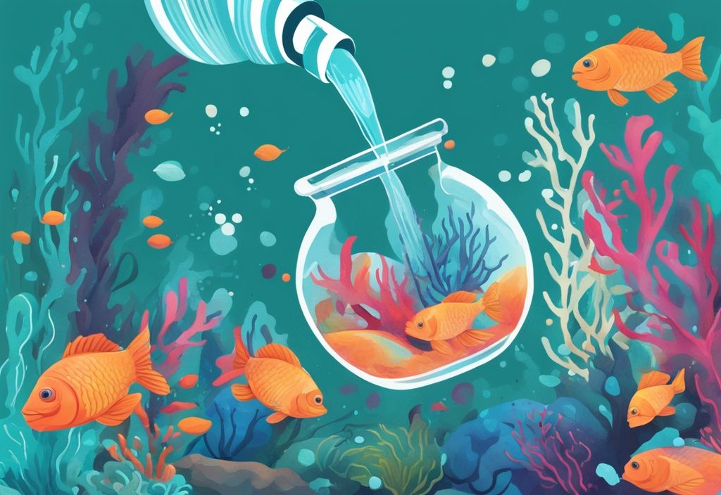 Illustration of a hand pouring distilled water into a vibrant fish tank with colorful aquatic creatures, highlighting the question: can you use distilled water in a fish tank?