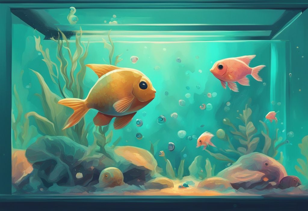 Modern digital painting featuring baby snails appeared in my fish tank, with a teal color theme and vibrant aquatic scene.