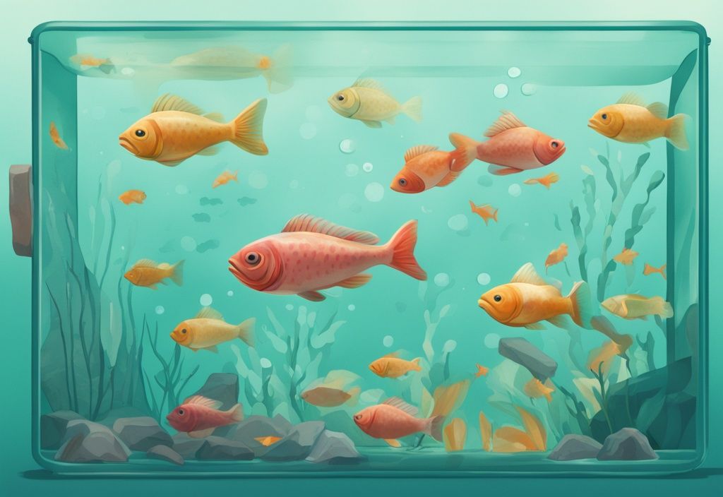 Modern digital painting of colorful small fish in a 10-gallon tank, illustrating how many fish in a 10 gallon tank for healthy living conditions, with a teal color theme.