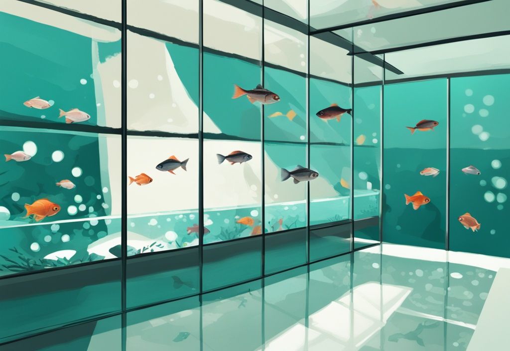 Modern digital painting of a scenic fish tank with a teal theme, featuring noticeable clusters of white spots on fish tank glass.