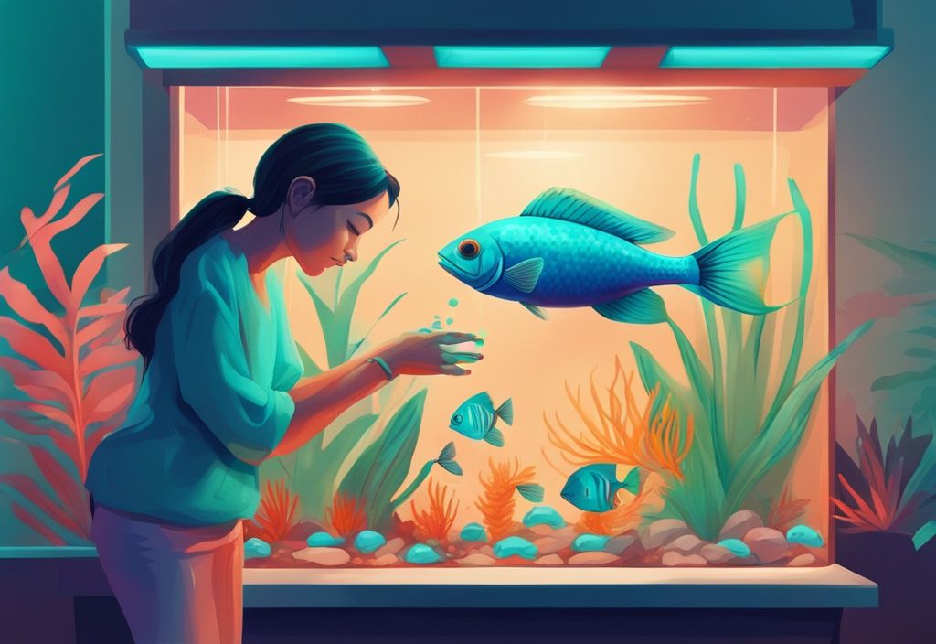 Modern digital painting of a person adding alkalinity increaser to a fish tank, illustrating how to raise alkalinity in a fish tank with vibrant tropical fish and a teal color theme.