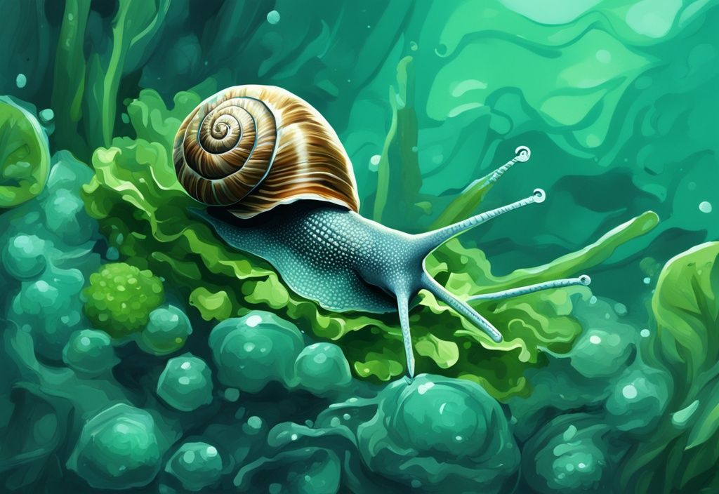 Modern digital painting of an aquarium snail eating green vegetables and algae, illustrating what do aquarium snails eat in a teal-themed watery ambiance.