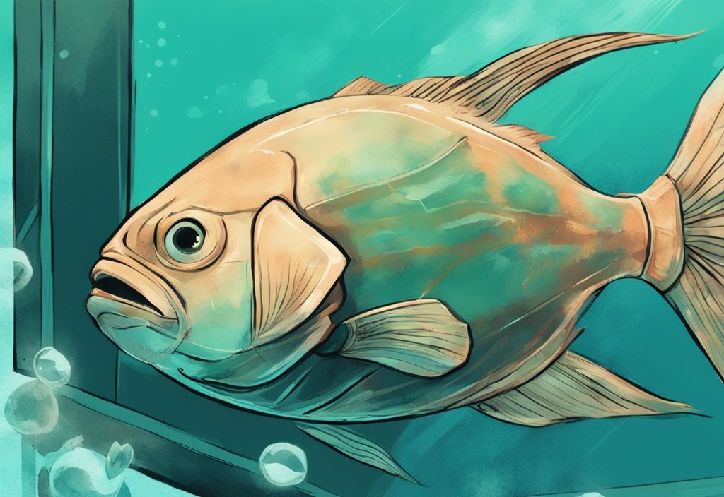 Teal-themed digital painting of a sick fish in a transparent tank with a concerned owner watching.