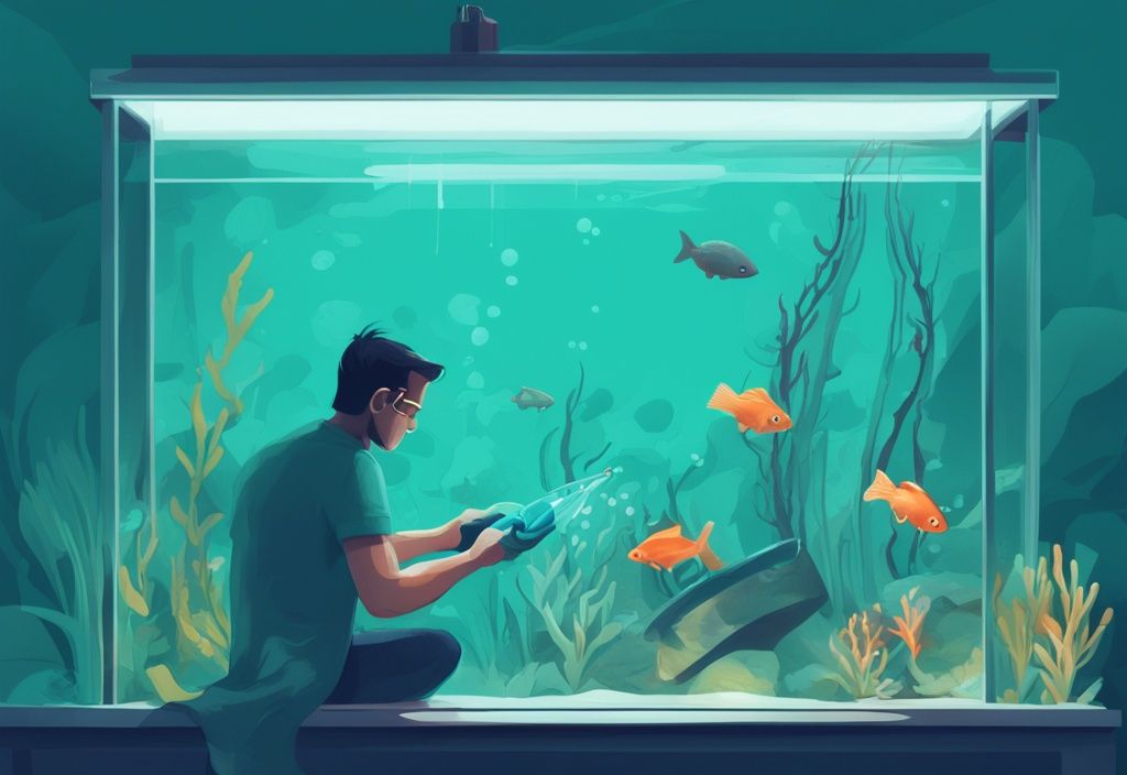 Modern digital painting of fish in a teal-themed aquarium with person testing water GH level using test kit