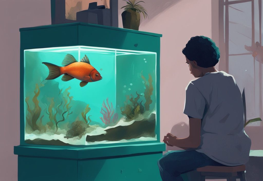 Modern digital painting of a concerned fish owner examining a cloudy teal-themed fish tank.