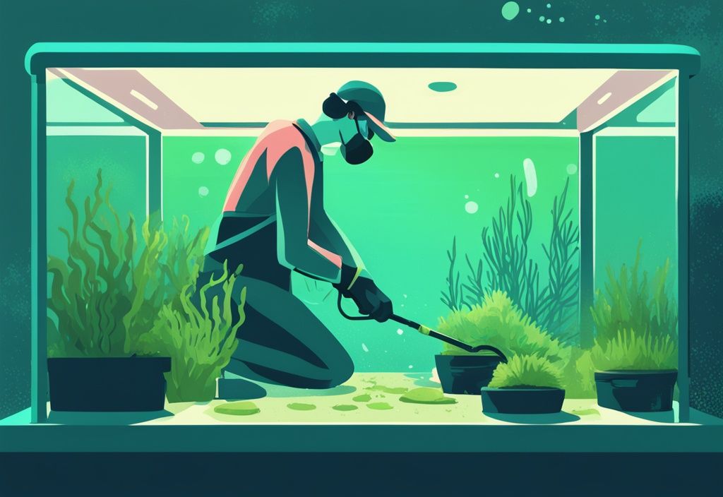 Modern digital painting of an individual wearing gloves cleaning a fish tank, demonstrating how to get rid of algae in a fish tank using a special algae scrubber, with a teal color theme.