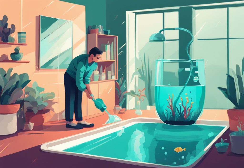 Modern digital painting of person adding liquid water softener to a teal-themed aquarium.