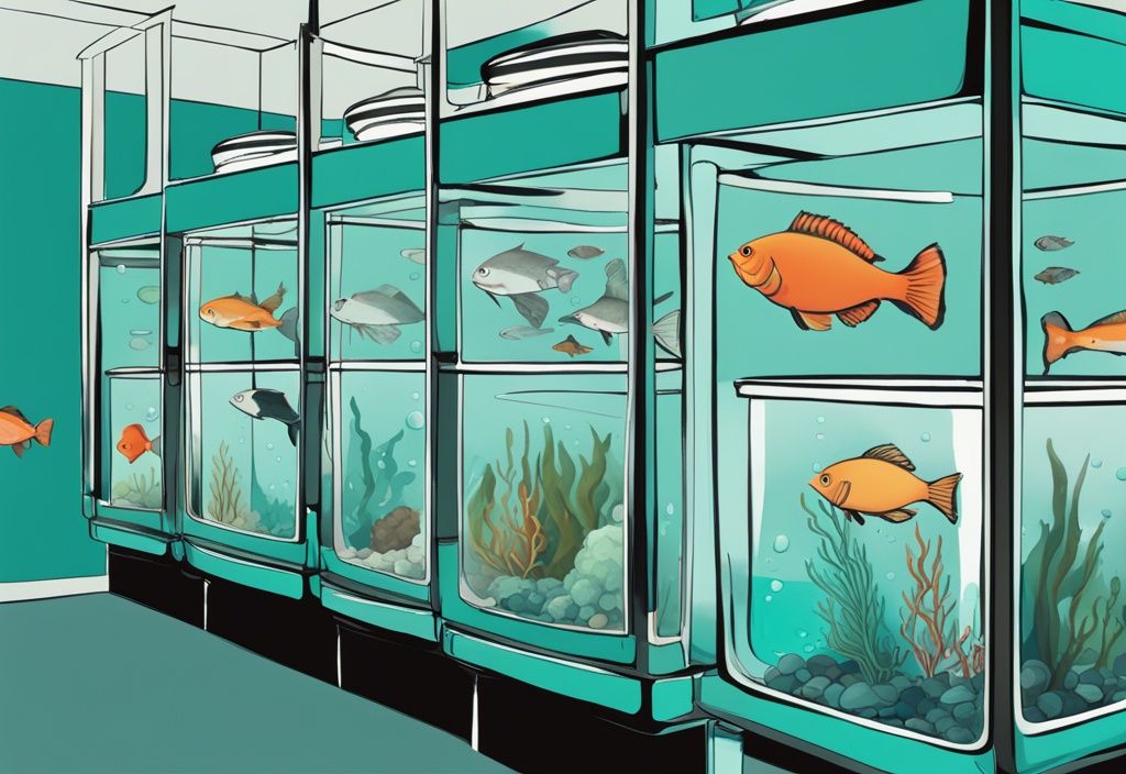 Modern digital painting illustration of fish tanks displaying what kind of water for a fish tank, featuring teal-themed freshwater, saltwater, and brackish water tanks with labels.