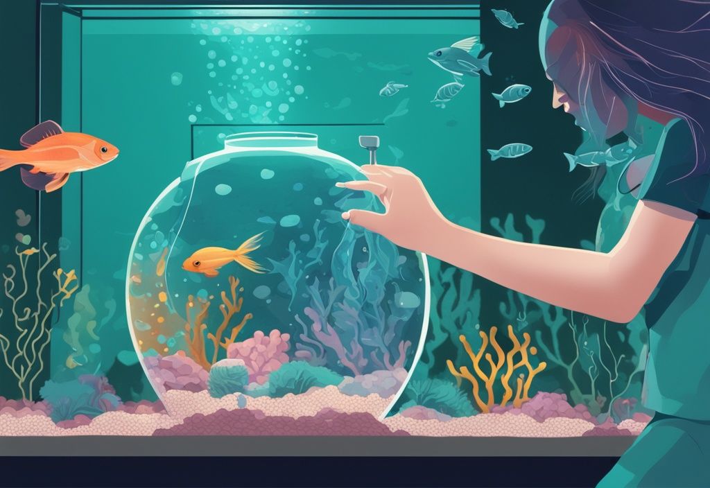 A modern digital painting of a hand using a siphon to clean aquarium gravel in a brightly lit home tank with colorful fish swimming around.