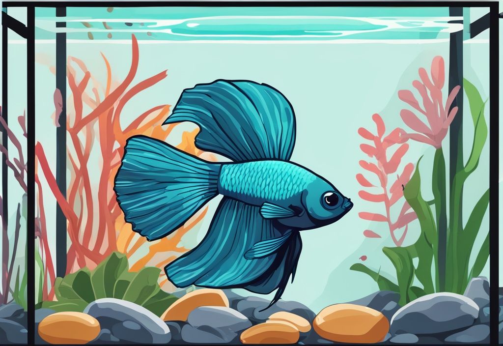 Modern digital painting of a betta fish staying at the bottom of a tank surrounded by colorful pebbles and aquatic plants, illustrating why is my betta fish staying at the bottom of the tank.