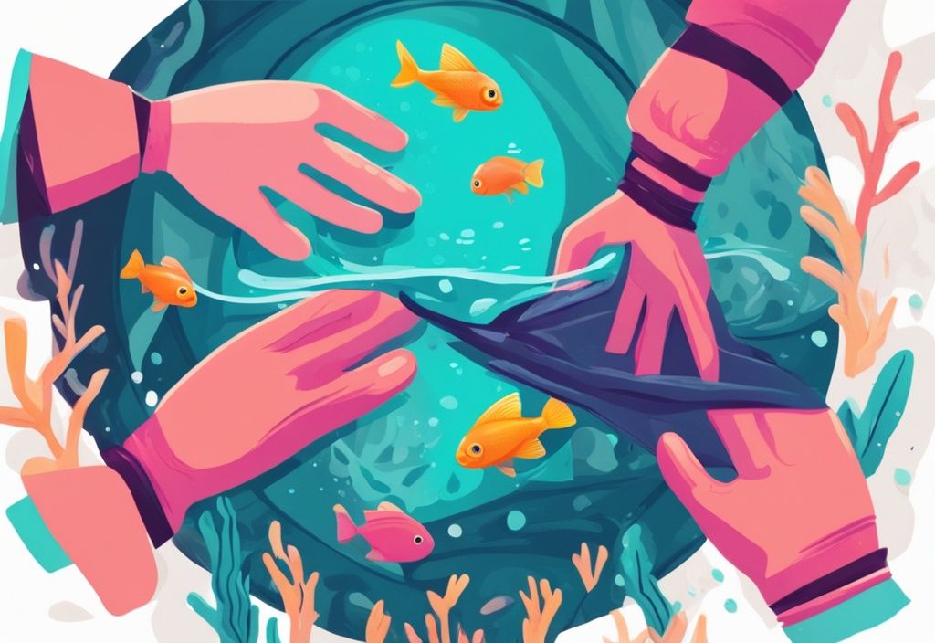 Hands with gloves cleaning a colorful aquarium decoration under running water, demonstrating how to clean aquarium decorations in a modern digital painting with a teal color theme.