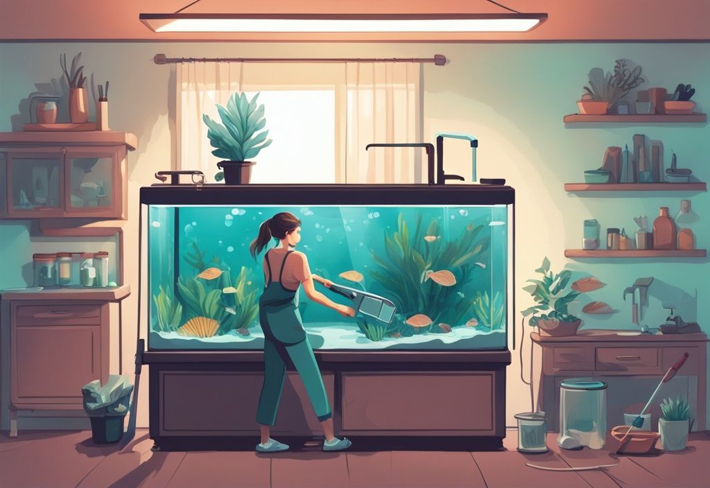 Illustration of step-by-step fish tank cleaning process with tools, featuring a teal color theme and a clean aquarium as the final result.