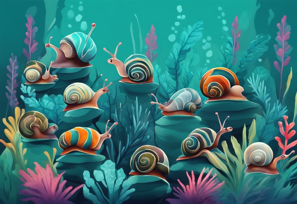 Modern digital painting of colorful aquarium snails among vibrant aquatic plants, featuring distinct teal-themed markings and shells.