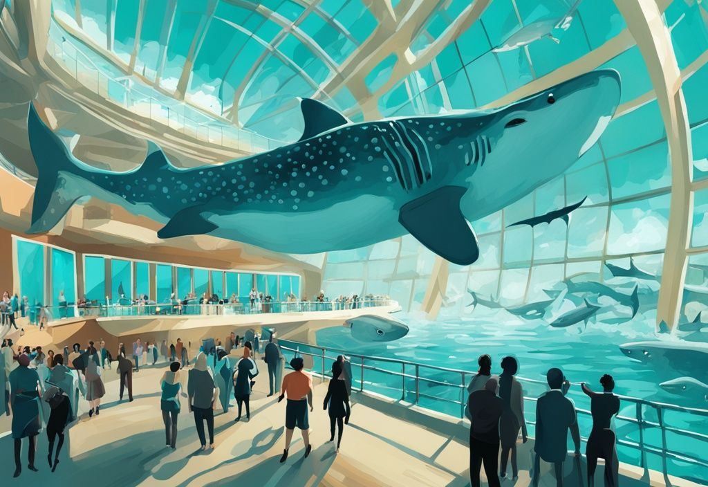 Modern digital painting of Georgia Aquarium, showcasing diverse aquatic life and spectators watching a whale shark, addressing the question: what is the biggest aquarium in the world?