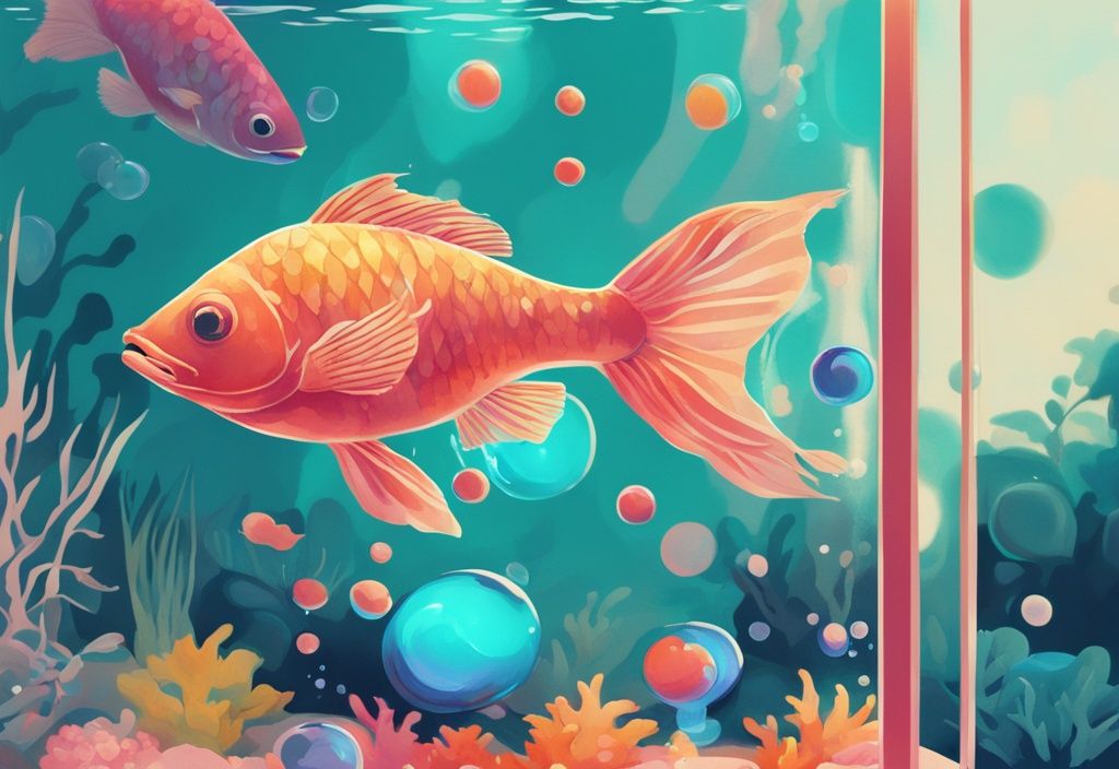 Modern digital painting of person adding oxygen tablet to fish tank, showing how to add oxygen to fish tank with teal color theme and rising bubbles.