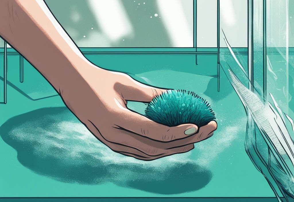 Teal-themed digital painting of a hand cleaning a dirty aquarium glass with a scrubber, revealing a clear area