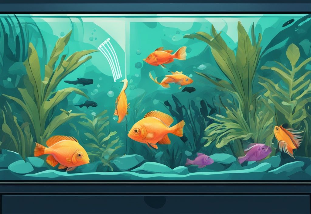 Modern digital painting of a thermometer in a teal-themed fish tank with tropical fish and plants, illustrating what temperature should a fish tank be.