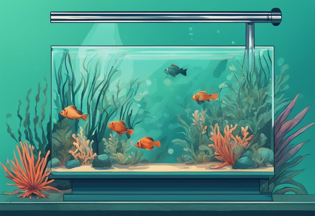 Modern digital painting of a thermometer in a teal-themed fish tank, illustrating what temperature should a fish tank be, with tropical fish and aquatic plants.