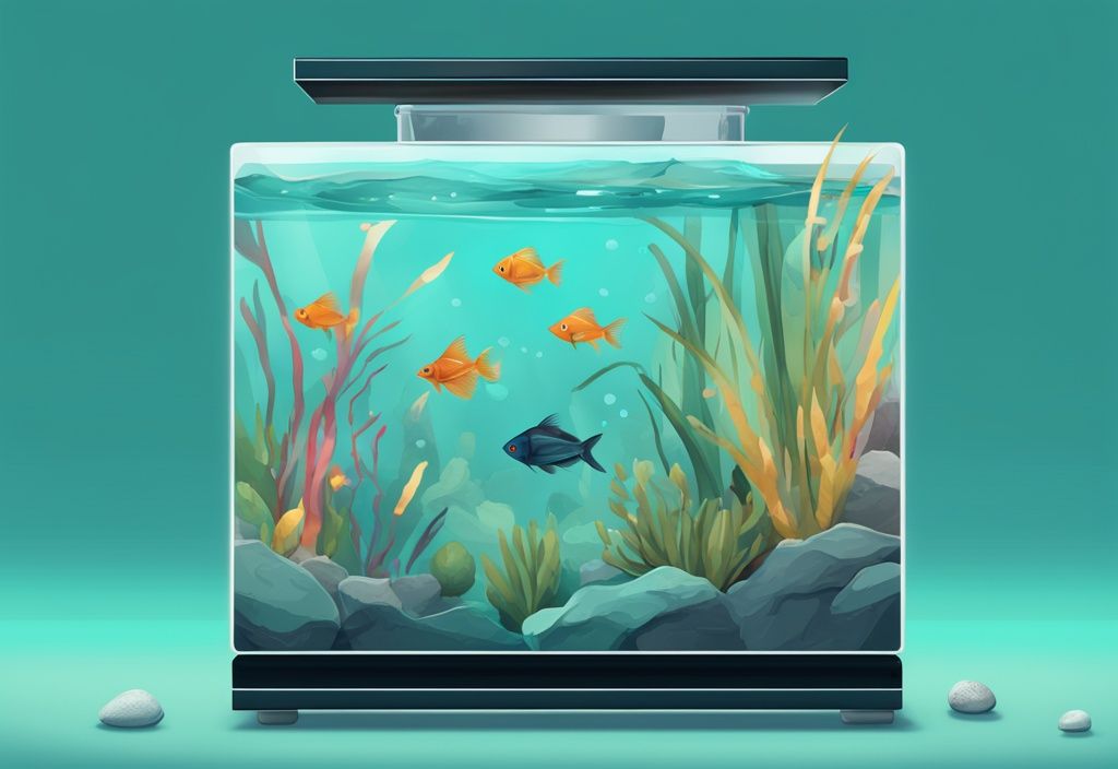 Modern digital painting of a teal-themed fish tank with colorful fish, water plants, gravels, and a weight scale.