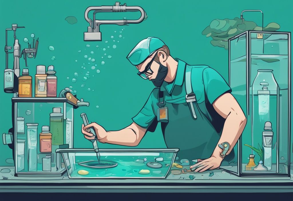 Modern digital painting of aquarium caretaker adding pH buffer solution, surrounded by aquarium tools and testing kits, with teal color theme.