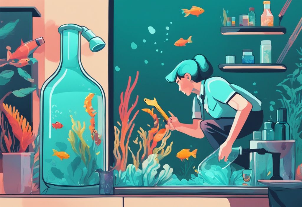 Modern digital painting of a person pouring KH buffer solution into a teal-themed aquarium with exotic fish.