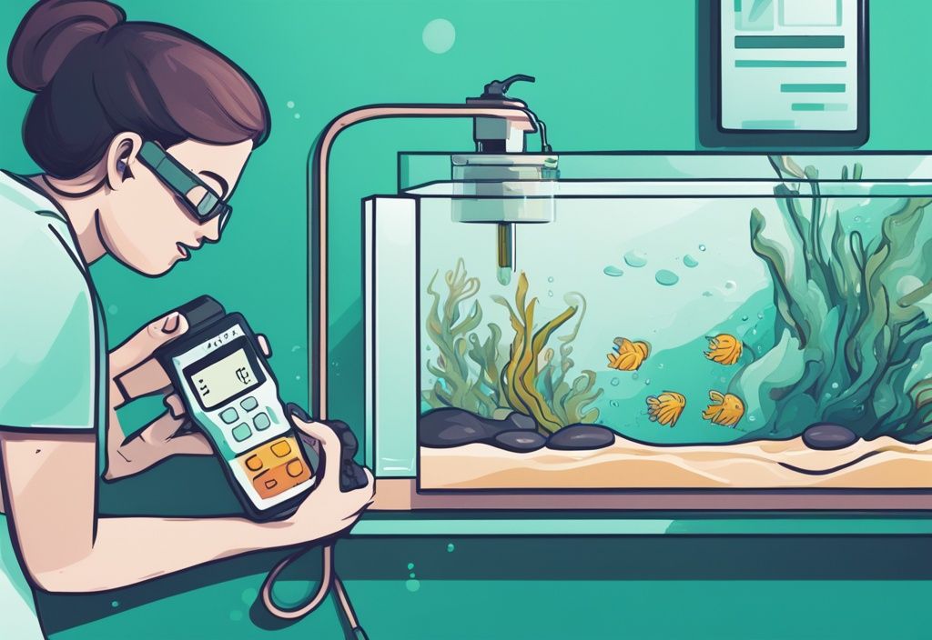 Modern digital painting of an open aquarium with a hand adding pH-lowering solution and a digital pH meter showing reduced pH level, teal color theme.