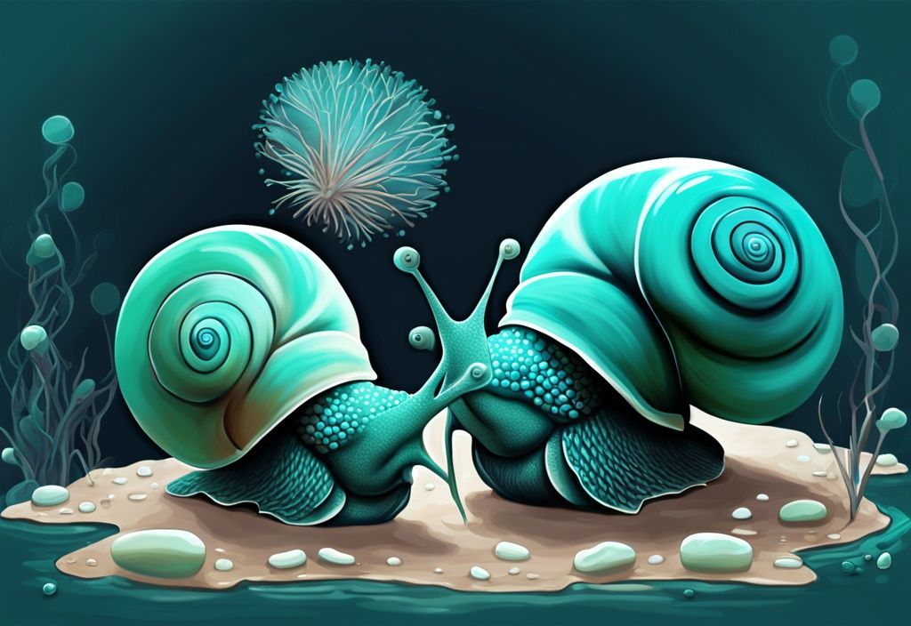 Modern digital painting of aquarium snails mating with eggs nearby, illustrating how do aquarium snails reproduce, featuring a teal color theme.