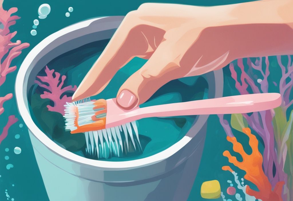 Close-up of hands cleaning a colorful underwater aquarium decoration with a toothbrush, featuring a teal color theme and a clear water bucket.