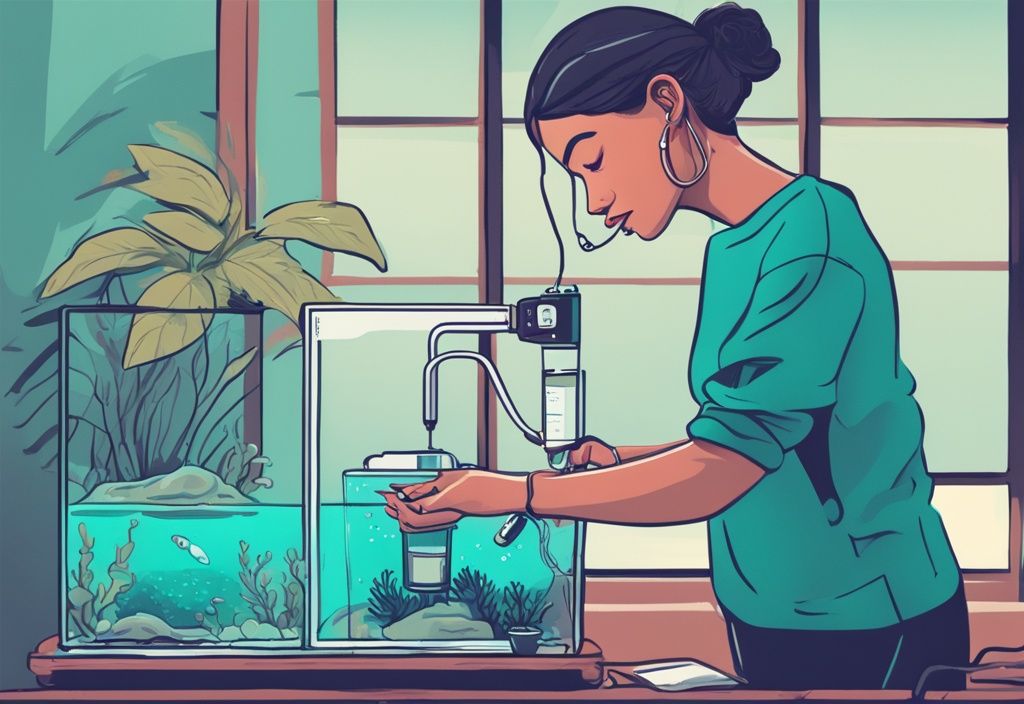 Modern digital painting of an aquarium with teal theme, hand pouring pH-lowering solution, digital pH meter displaying reduced pH value.