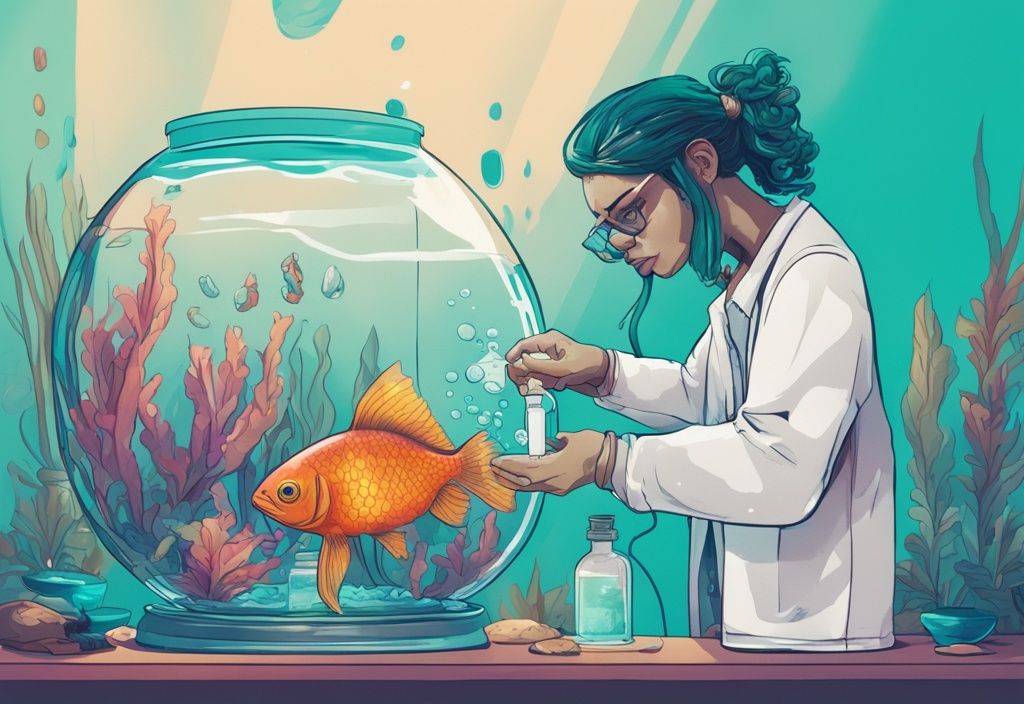 Modern digital painting of person testing water and adding conditioners in teal-themed fish tank to reduce nitrite levels.