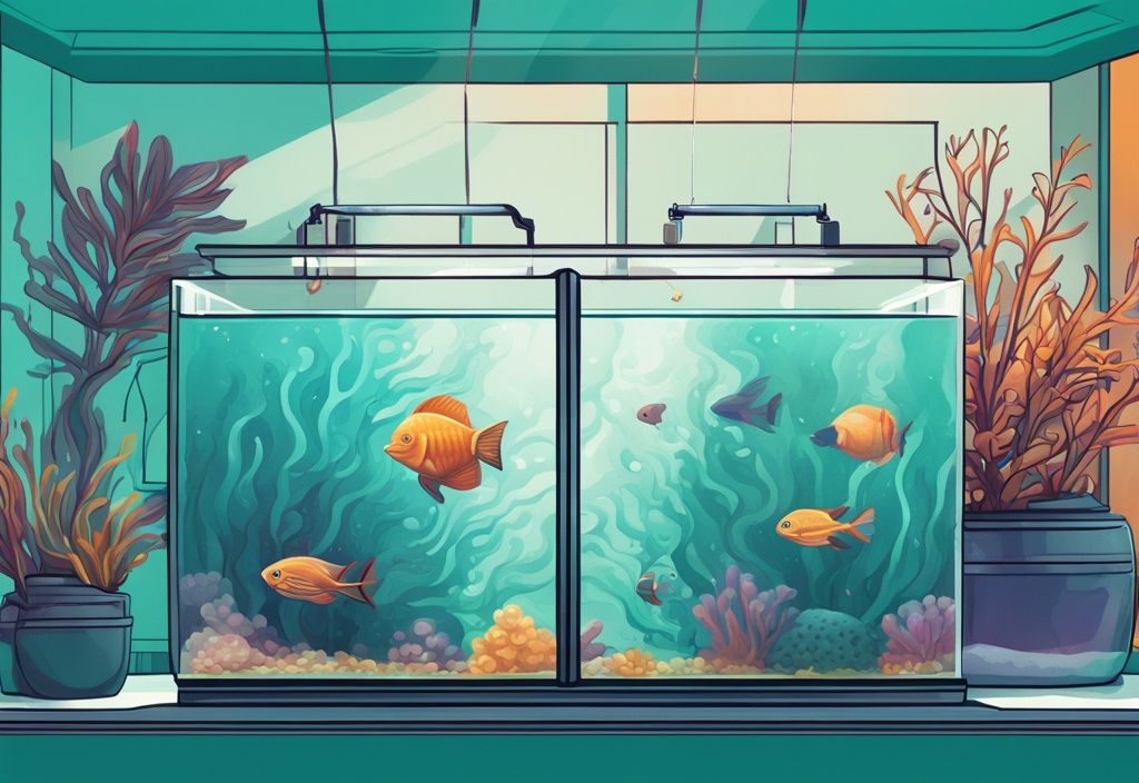 Modern digital painting of a teal-themed aquarium with high-tech wave maker and vibrant aquatic life.