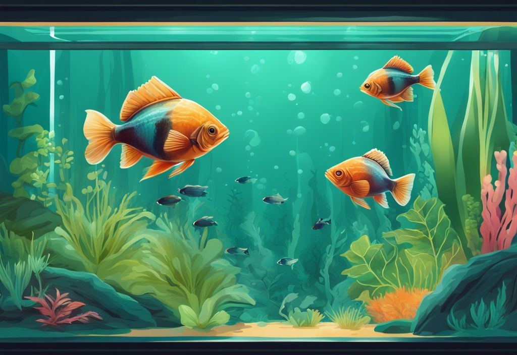 Modern digital painting of vibrant aquatic fish in a clear fish tank with lush green plants, teal color theme.